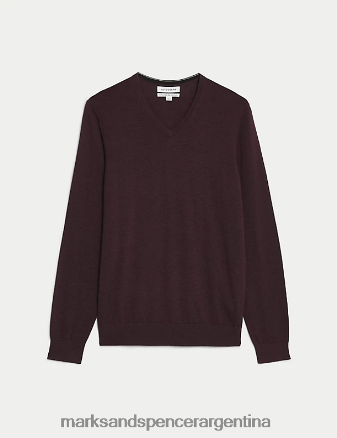 Marks & Spencer hombres jersey de pura lana merino extrafina con cuello de pico ropa clarete oscuro 46VL5574