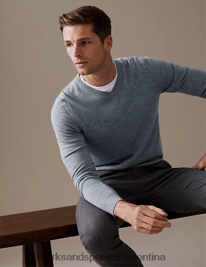Marks & Spencer hombres jersey de pura lana merino extrafina con cuello de pico ropa gris 46VL5572