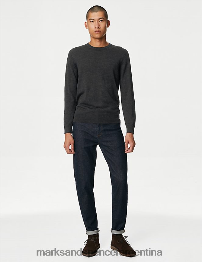Marks & Spencer hombres jersey de pura lana merino extrafina con cuello redondo ropa carbón oscuro 46VL5332