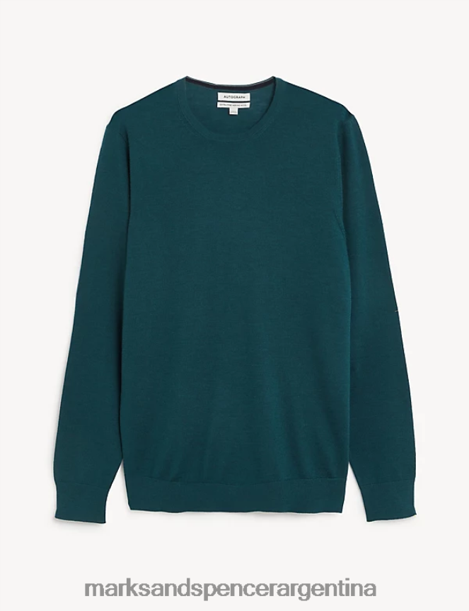 Marks & Spencer hombres jersey de pura lana merino extrafina con cuello redondo ropa verde azulado 46VL5328