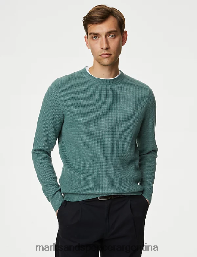 Marks & Spencer hombres jersey texturizado con cuello redondo en mezcla de algodón ropa verde claro 46VL7124