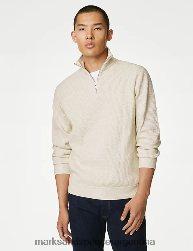 Marks & Spencer hombres suéter texturizado con media cremallera en mezcla de algodón ropa crudo 46VL5864