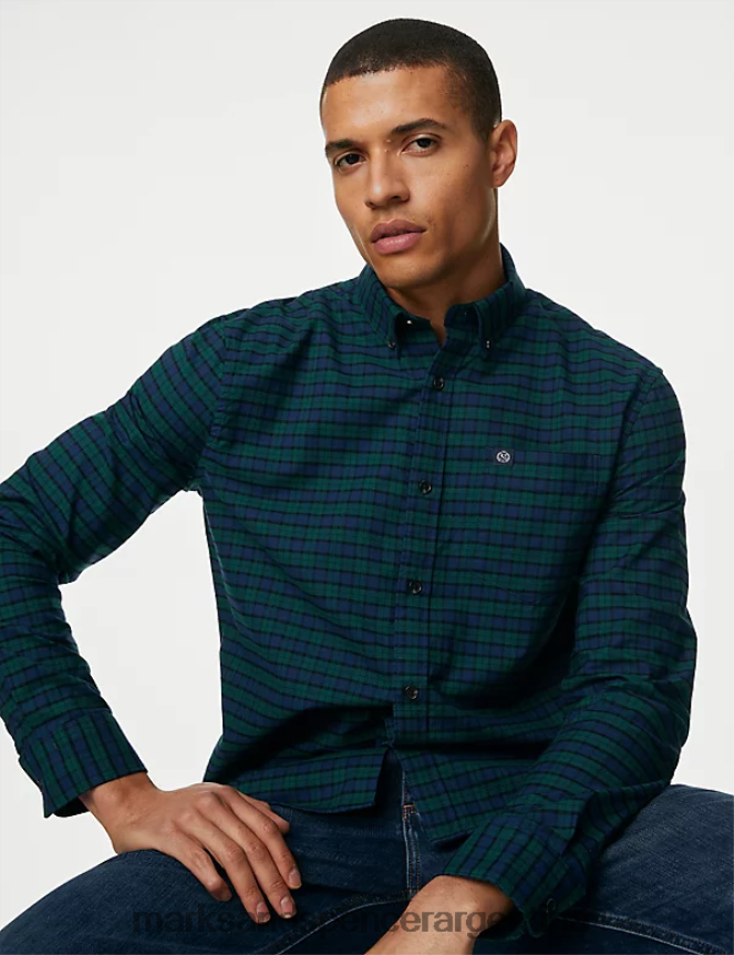 Marks & Spencer hombres Camisa Oxford de puro algodón a cuadros Easy Iron ropa azul marino oscuro 46VL5072