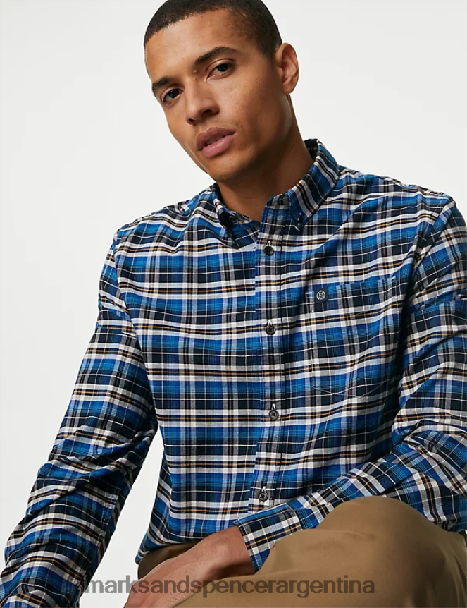 Marks & Spencer hombres Camisa Oxford de puro algodón a cuadros Easy Iron ropa mezcla azul 46VL5070