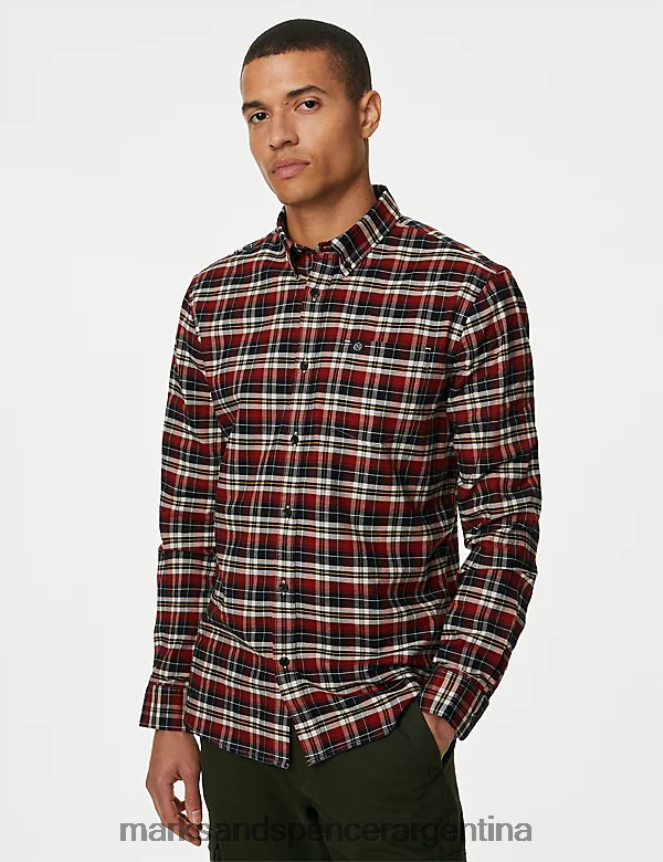 Marks & Spencer hombres Camisa Oxford de puro algodón a cuadros Easy Iron ropa mezcla roja 46VL5068