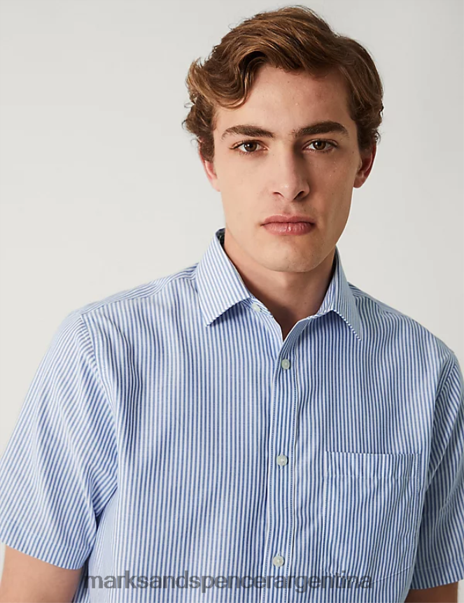 Marks & Spencer hombres Camisa Oxford de puro algodón sin planchar regular fit ropa mezcla azul 46VL5670