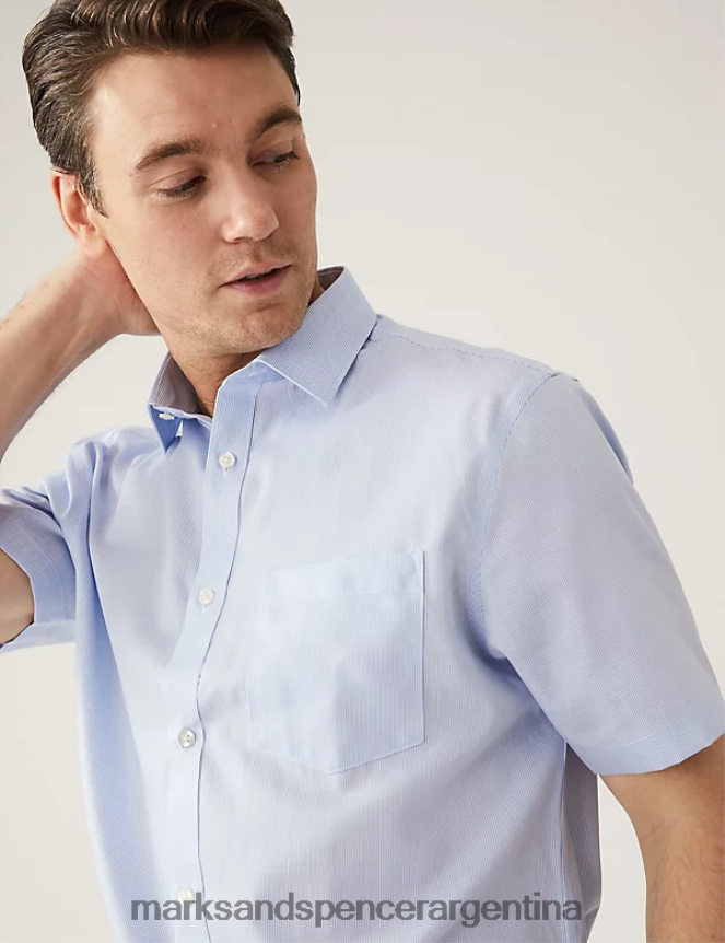 Marks & Spencer hombres Camisa regular fit de puro algodón a rayas sin planchar ropa azul claro 46VL7068