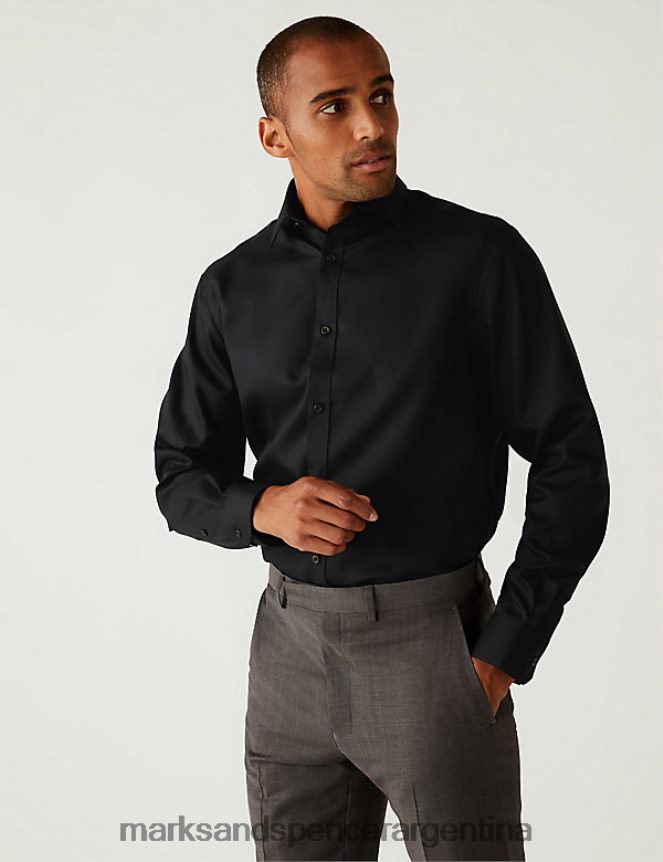 Marks & Spencer hombres Camisa regular fit de puro algodón sin planchar ropa negro 46VL5226