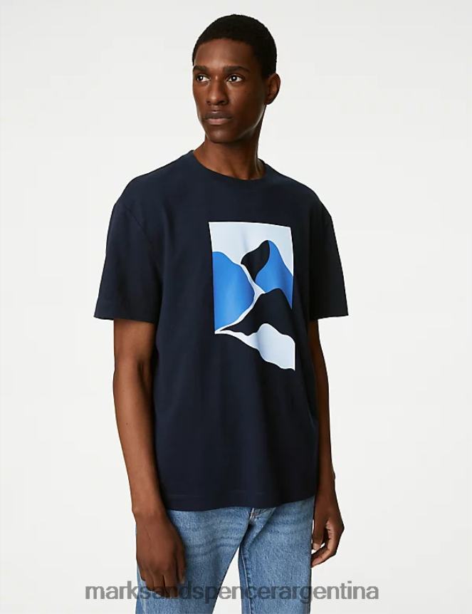 Marks & Spencer hombres Camiseta de puro algodón con gráfico abstracto de montaña ropa azul marino oscuro 46VL4742