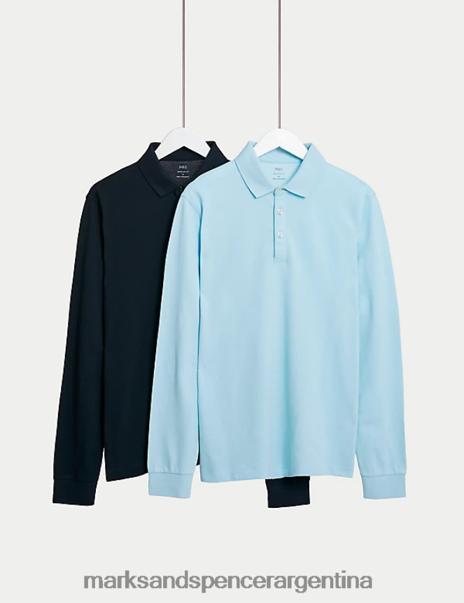 Marks & Spencer hombres Pack de 2 polos de manga larga de puro algodón ropa mezcla azul pálido 46VL5082