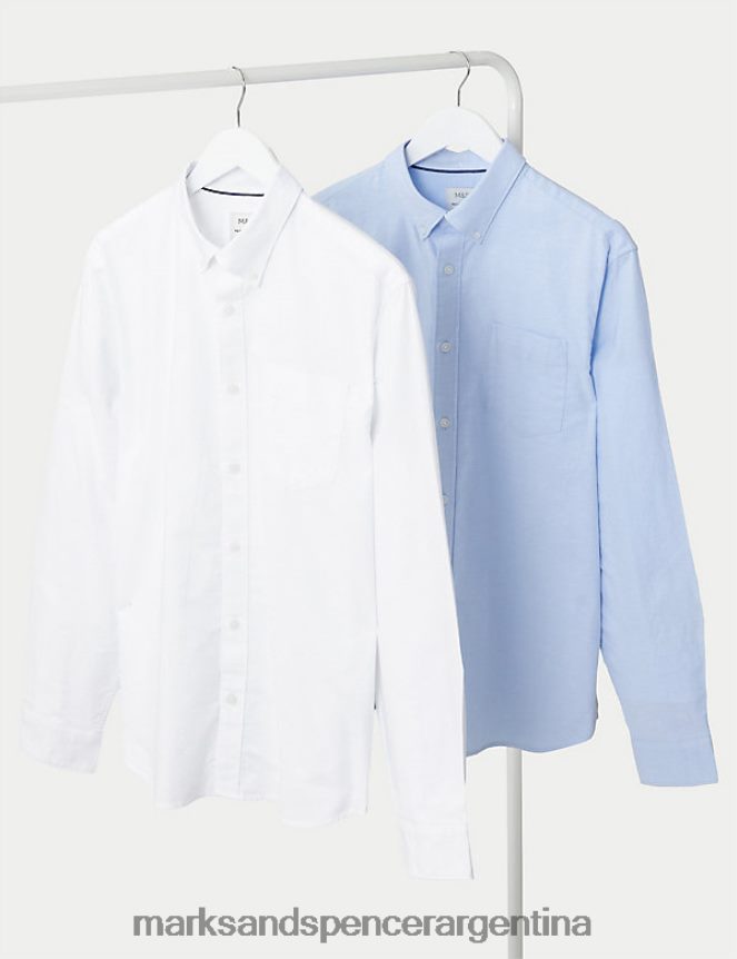 Marks & Spencer hombres Paquete de 2 camisas Oxford de puro algodón de fácil planchado ropa mezcla azul claro 46VL6198