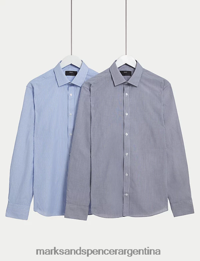 Marks & Spencer hombres Paquete de 2 camisas de manga larga de corte slim y fácil planchado ropa mezcla azul 46VL5120