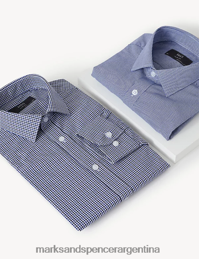 Marks & Spencer hombres Paquete de 2 camisas de manga larga de corte slim y fácil planchado ropa mezcla azul marino 46VL5252