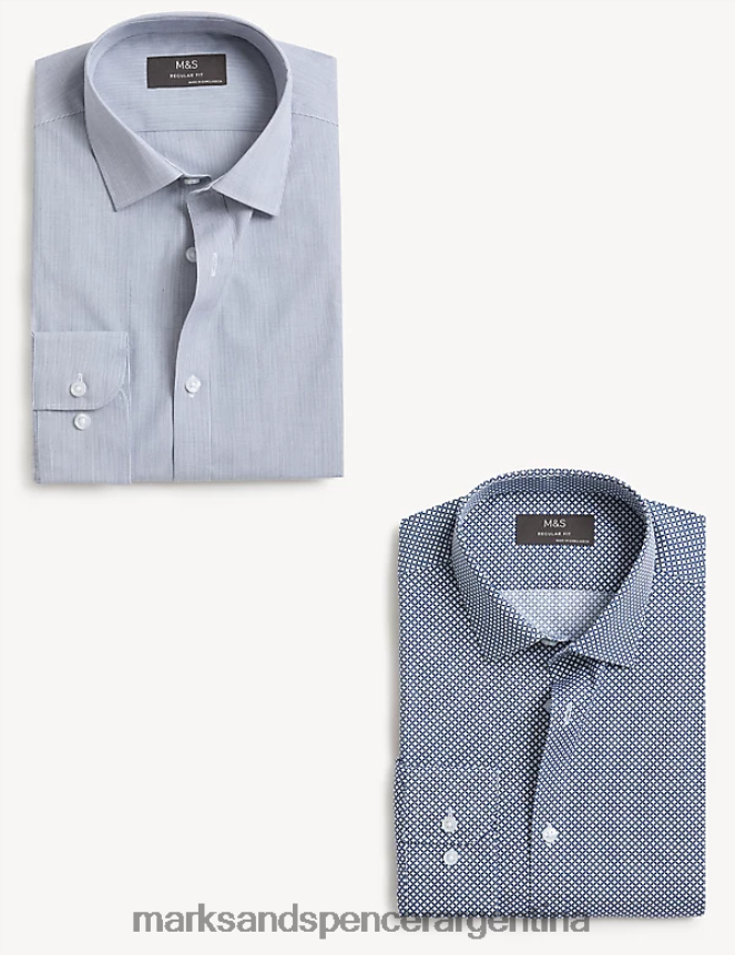 Marks & Spencer hombres Paquete de 2 camisas de manga larga estampadas y corte regular ropa mezcla azul 46VL5038