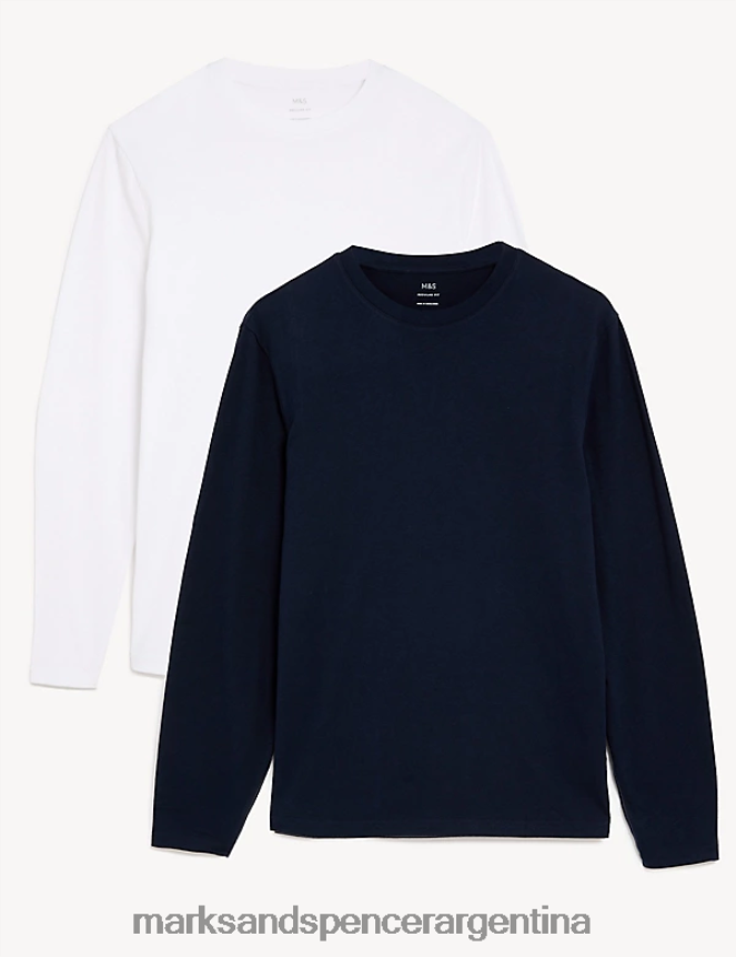 Marks & Spencer hombres Paquete de 2 camisetas de manga larga de puro algodón ropa mezcla azul marino 46VL5122