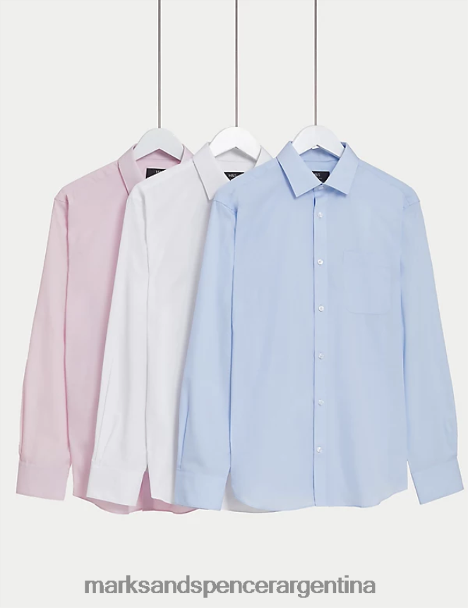 Marks & Spencer hombres Paquete de 3 camisas de manga larga de corte regular y fácil planchado ropa mezcla azul 46VL5098