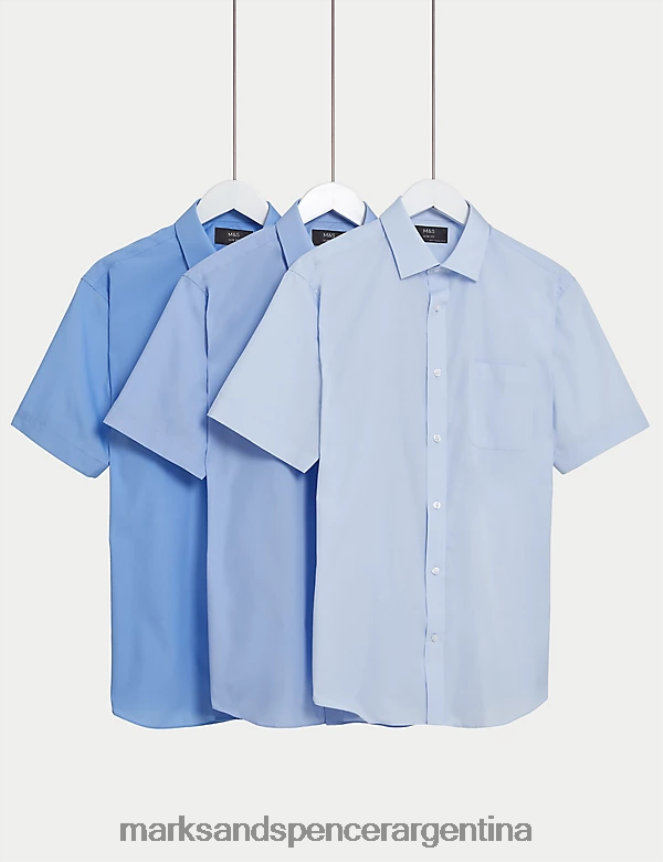 Marks & Spencer hombres Paquete de 3 camisas en mezcla de algodón de fácil planchado y corte entallado ropa azul 46VL4994