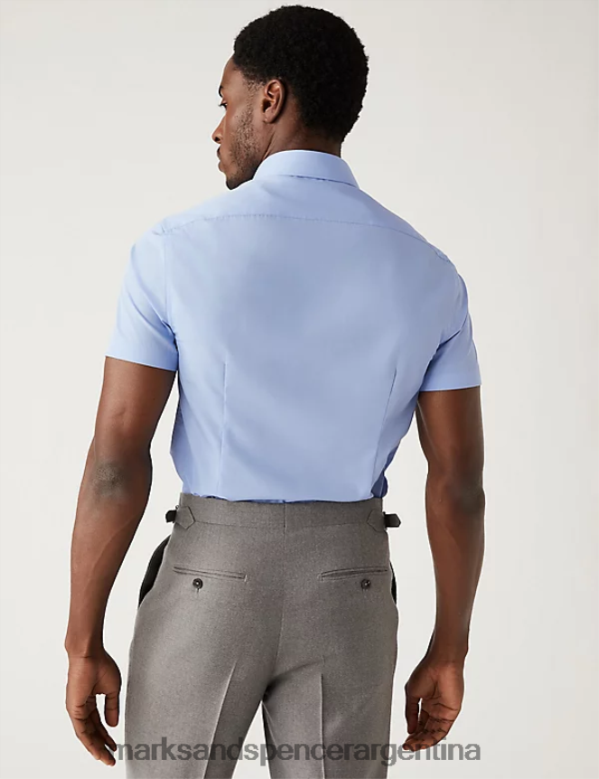 Marks & Spencer hombres Paquete de 3 camisas en mezcla de algodón de fácil planchado y corte entallado ropa azul 46VL4994