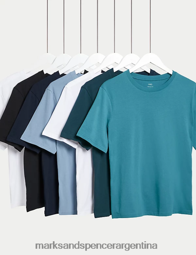 Marks & Spencer hombres Paquete de 7 camisetas con cuello redondo de puro algodón ropa mezcla turquesa 46VL6090