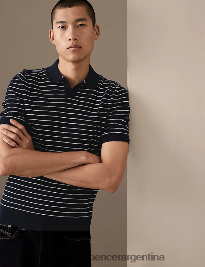 Marks & Spencer hombres Polo de punto a rayas de puro algodón supima ropa mezcla azul marino 46VL5992