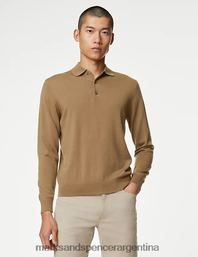 Marks & Spencer hombres Polo de punto de pura lana merino extrafina ropa camello 46VL5522
