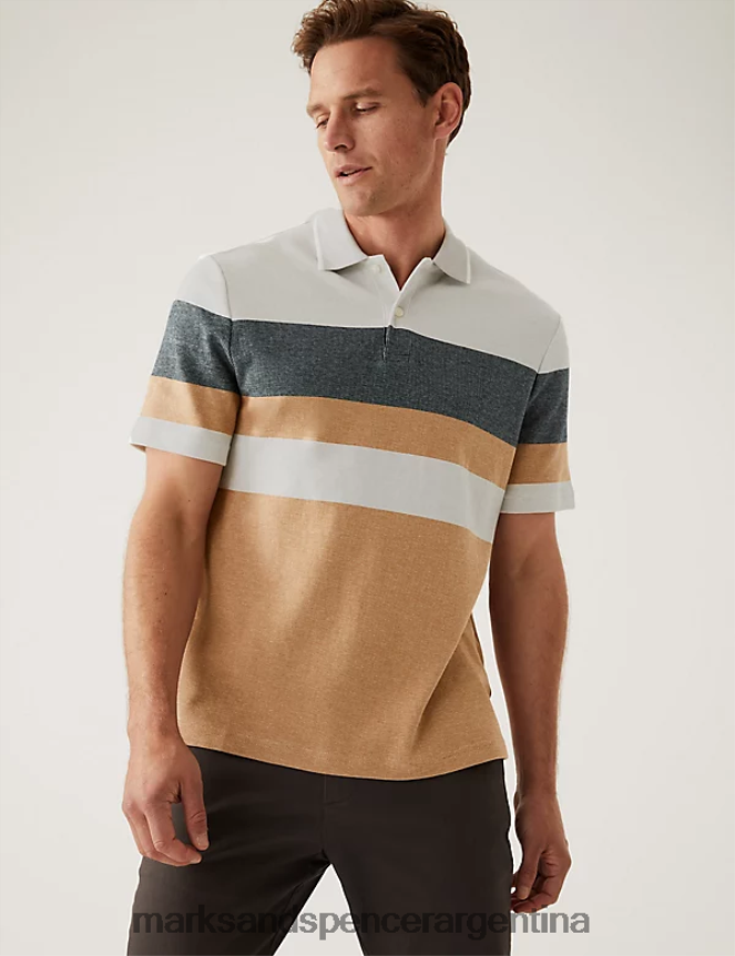 Marks & Spencer hombres Polo de punto doble de puro algodón a rayas ropa bronce claro 46VL5276