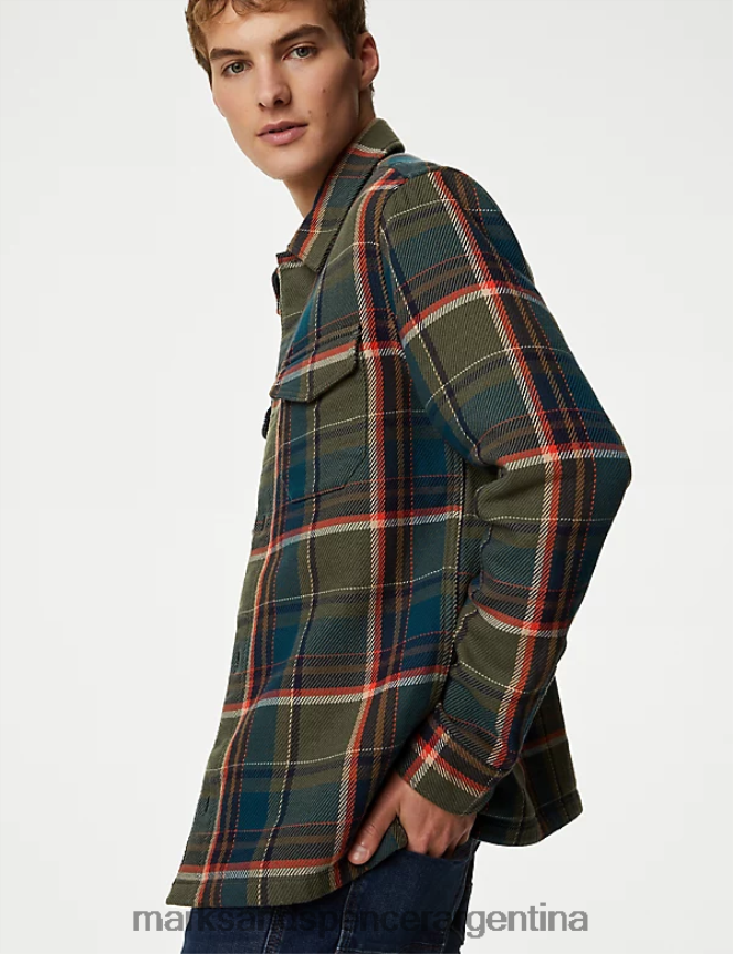 Marks & Spencer hombres Sobrecamisa de doble cara con cuadros ricos en algodón ropa mezcla verde azulado 46VL4808