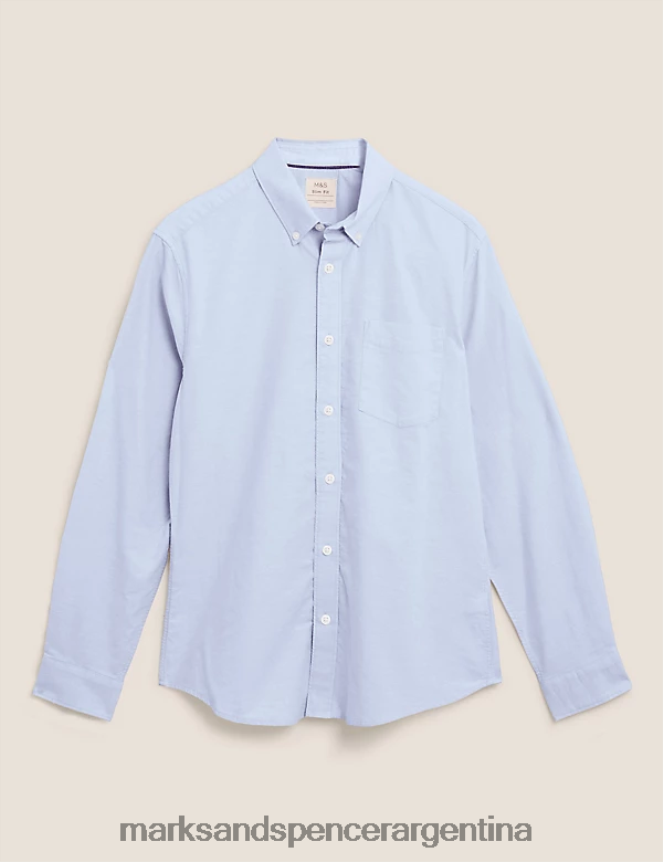 Marks & Spencer hombres camisa Oxford de corte slim de puro algodón ropa azul 46VL7292