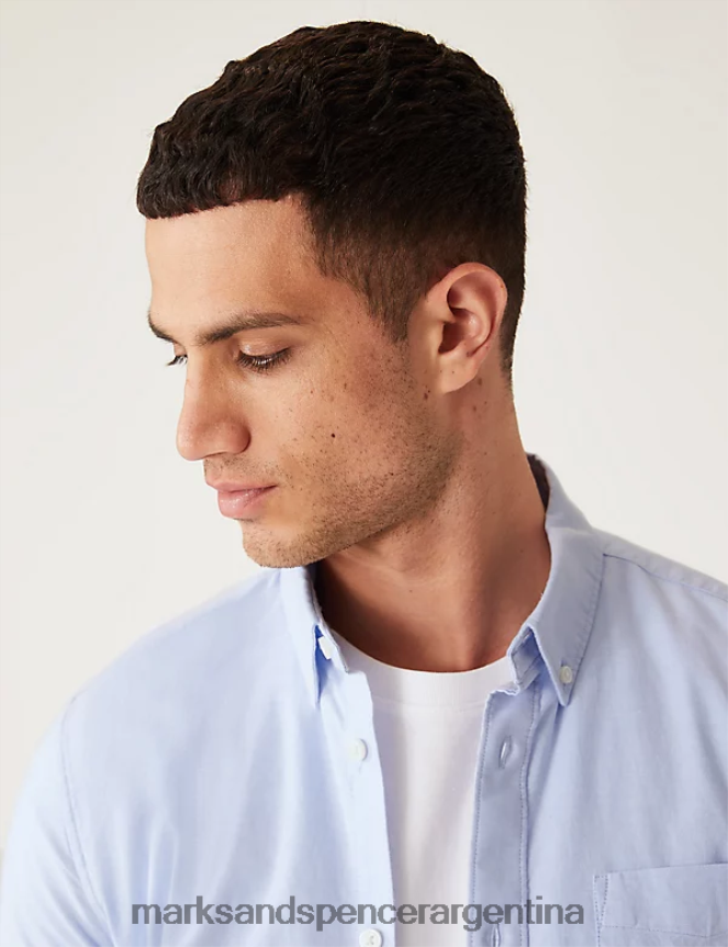 Marks & Spencer hombres camisa Oxford de corte slim de puro algodón ropa azul 46VL7292