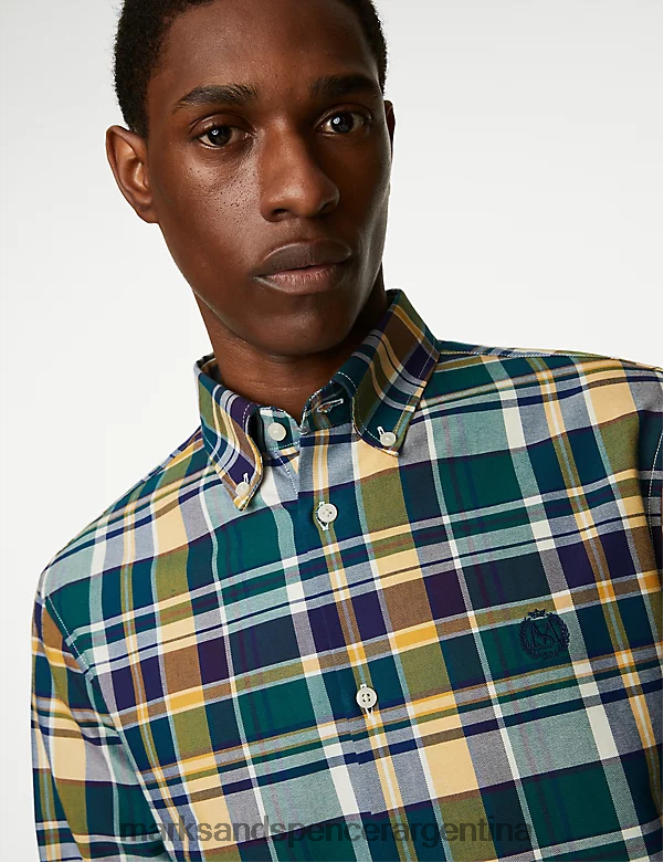 Marks & Spencer hombres camisa Oxford de puro algodón a cuadros ropa mezcla morada 46VL5268