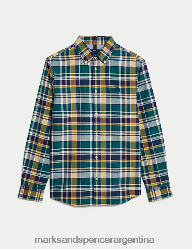 Marks & Spencer hombres camisa Oxford de puro algodón a cuadros ropa mezcla morada 46VL5268