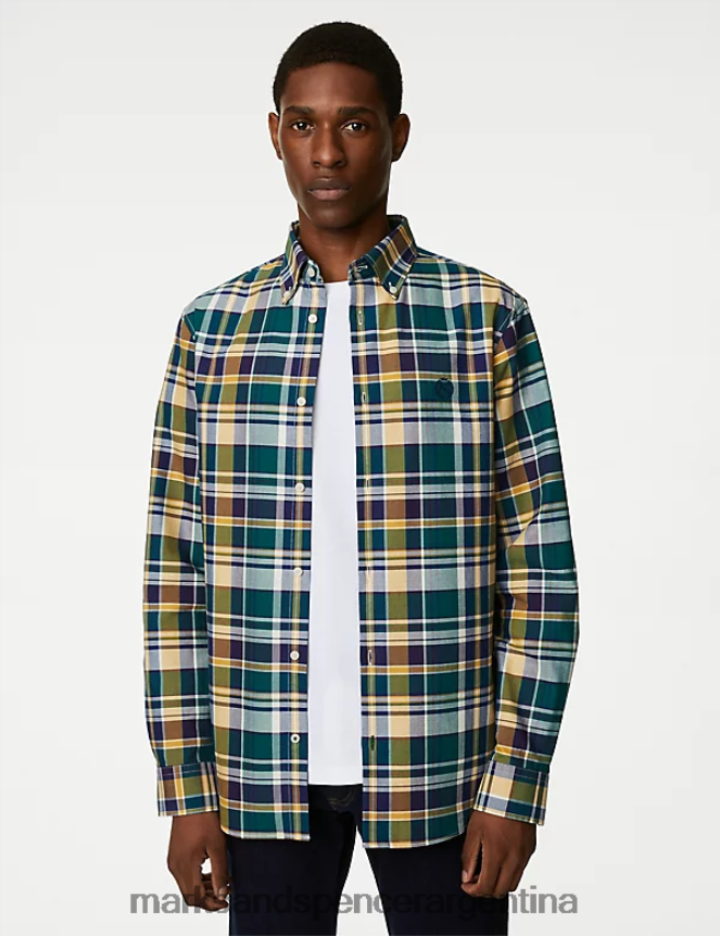 Marks & Spencer hombres camisa Oxford de puro algodón a cuadros ropa mezcla morada 46VL5268
