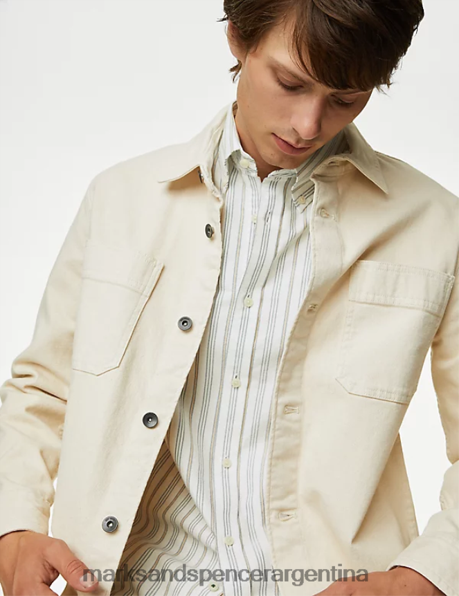 Marks & Spencer hombres camisa Oxford de puro algodón a rayas fácil de planchar ropa mezcla cruda 46VL5102