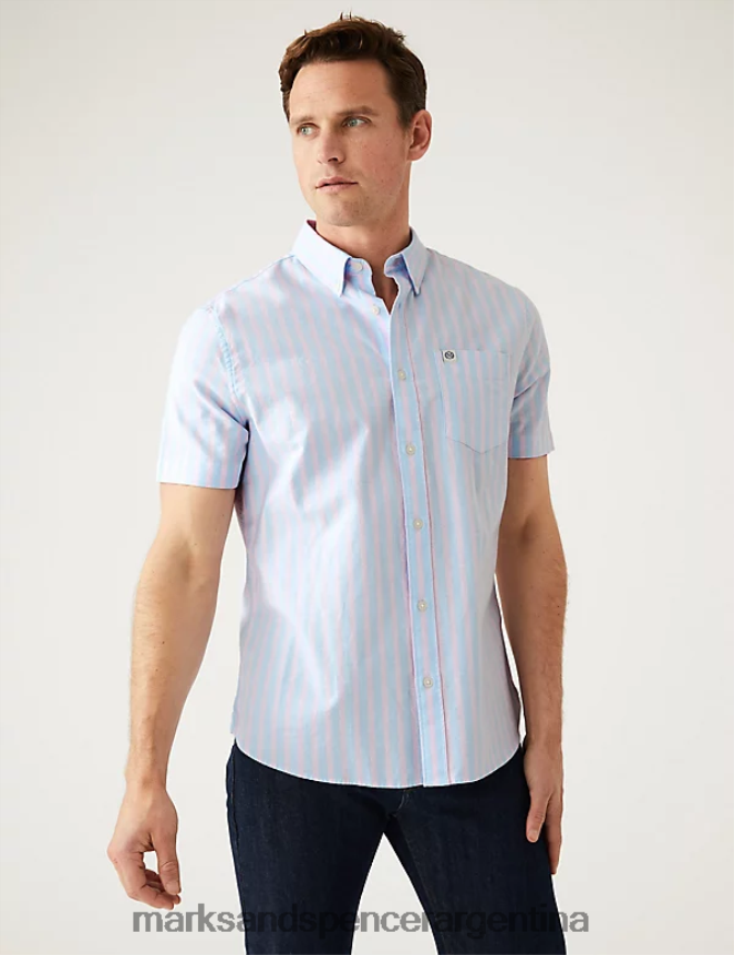 Marks & Spencer hombres camisa Oxford de puro algodón a rayas ropa mezcla rosa 46VL5592
