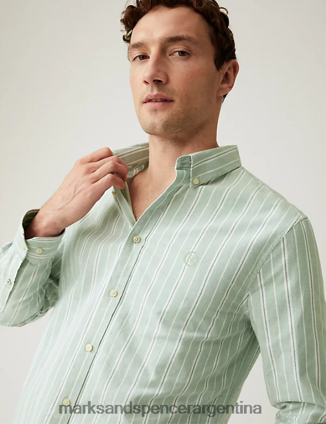 Marks & Spencer hombres camisa Oxford de puro algodón a rayas ropa mezcla verde 46VL5968