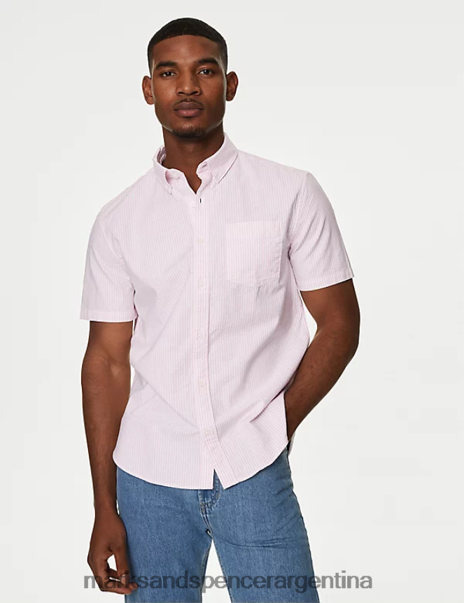 Marks & Spencer hombres camisa Oxford de puro algodón a rayas ropa rosa medio 46VL6790