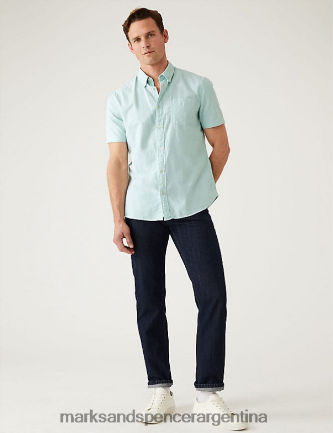 Marks & Spencer hombres camisa Oxford de puro algodón ropa verde 46VL5858