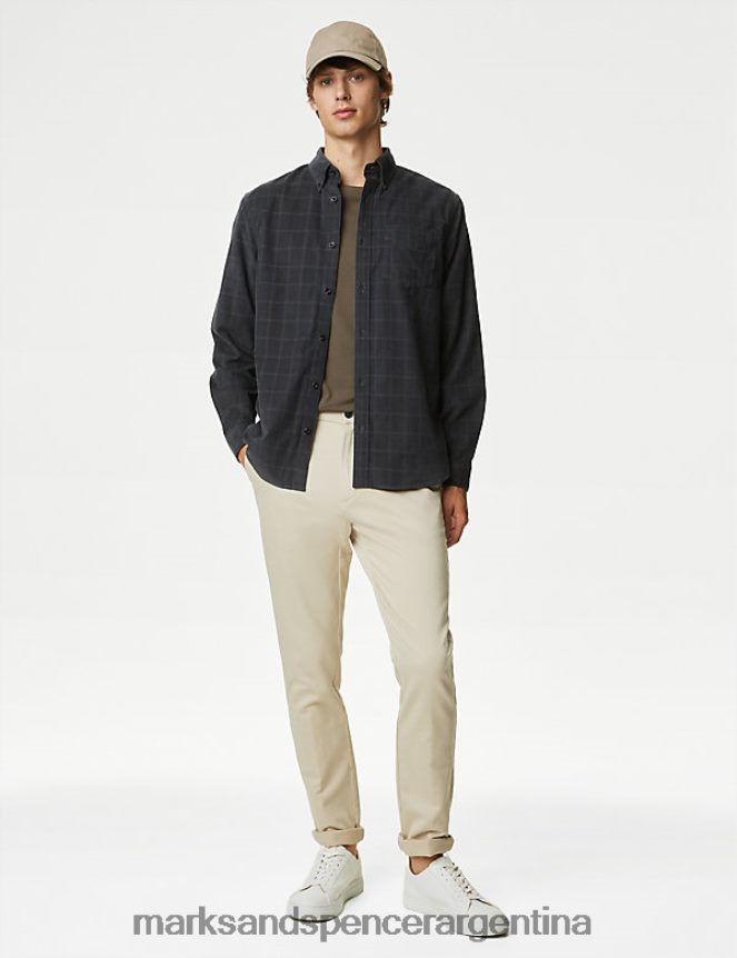 Marks & Spencer hombres camisa a cuadros de pana de puro algodón ropa carbón 46VL7356