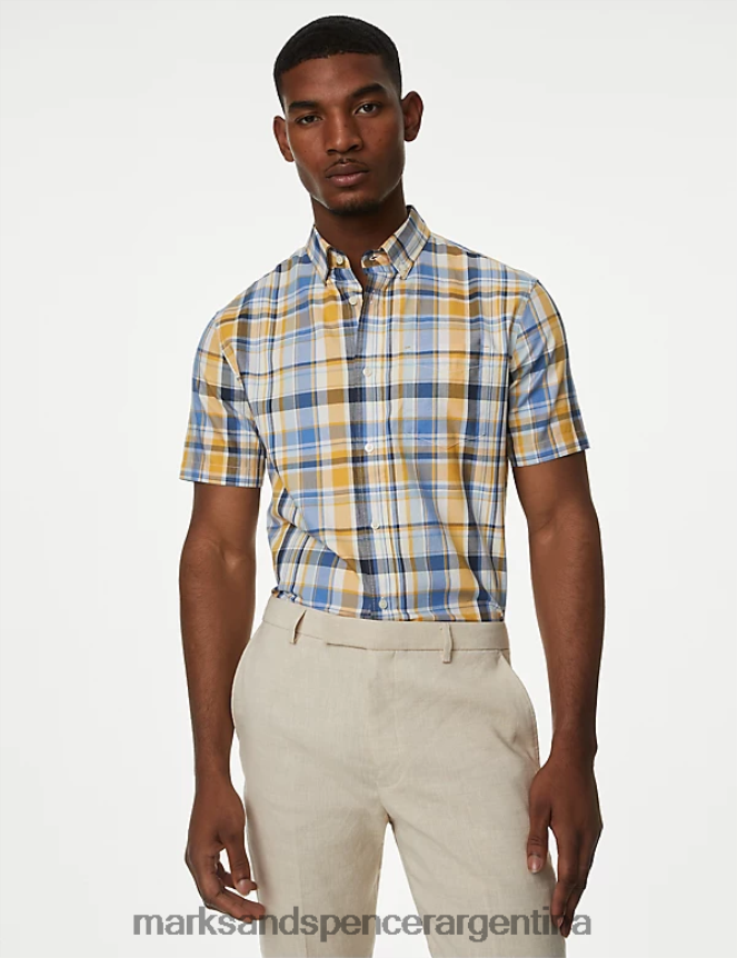 Marks & Spencer hombres camisa a cuadros de puro algodón ropa mezcla amarilla 46VL6522