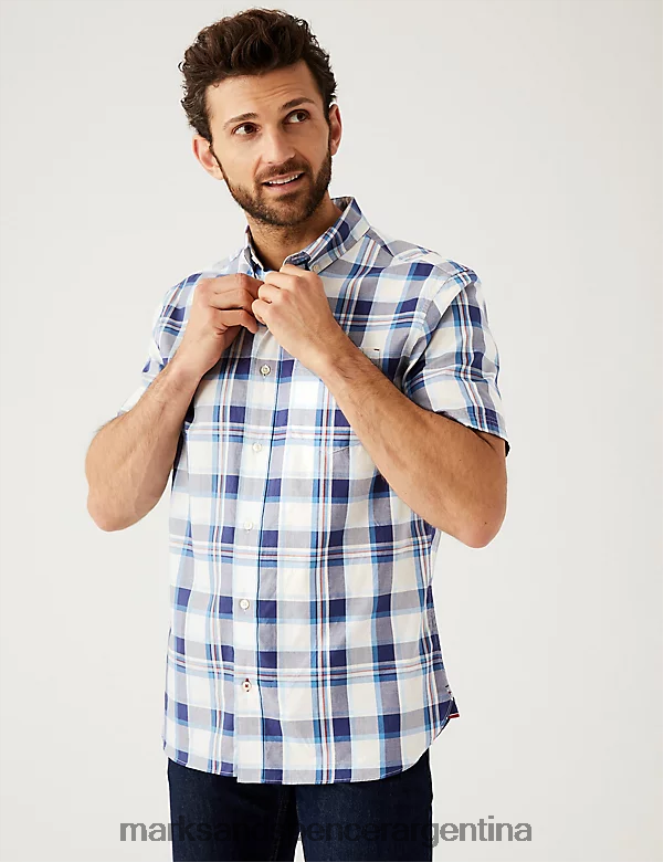 Marks & Spencer hombres camisa a cuadros de puro algodón ropa mezcla blanca 46VL7104