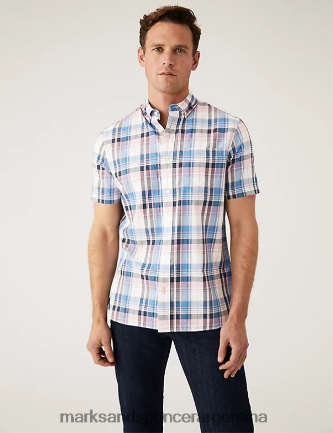 Marks & Spencer hombres camisa a cuadros de puro algodón ropa mezcla rosa 46VL6872
