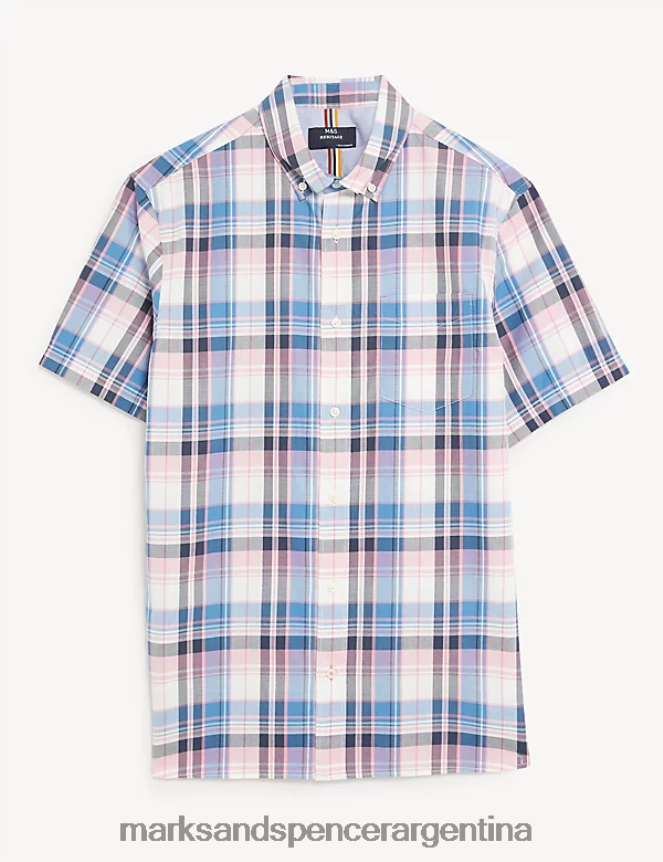 Marks & Spencer hombres camisa a cuadros de puro algodón ropa mezcla rosa 46VL6872