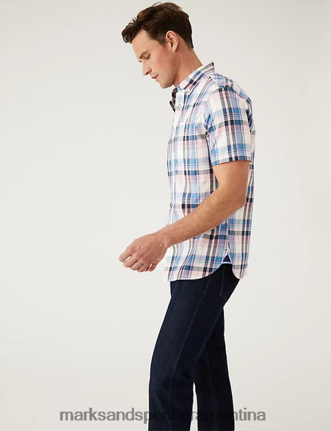 Marks & Spencer hombres camisa a cuadros de puro algodón ropa mezcla rosa 46VL6872