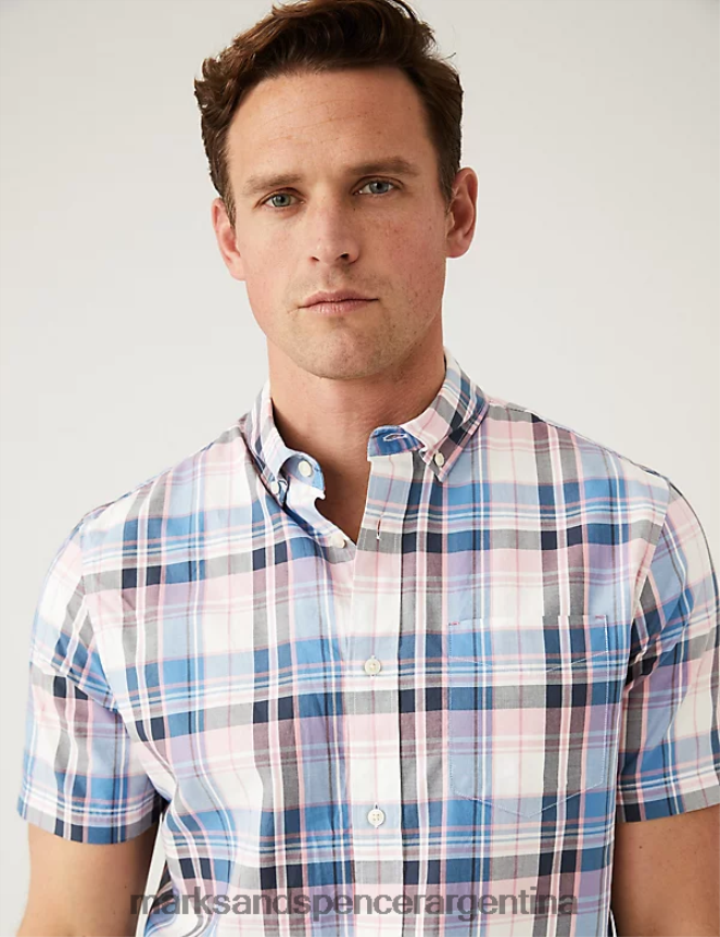Marks & Spencer hombres camisa a cuadros de puro algodón ropa mezcla rosa 46VL6872