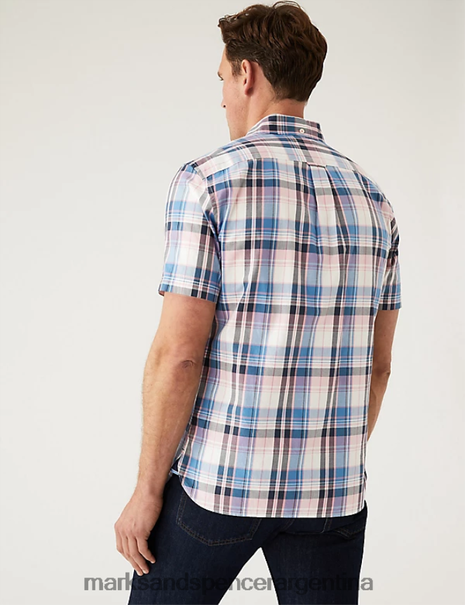 Marks & Spencer hombres camisa a cuadros de puro algodón ropa mezcla rosa 46VL6872