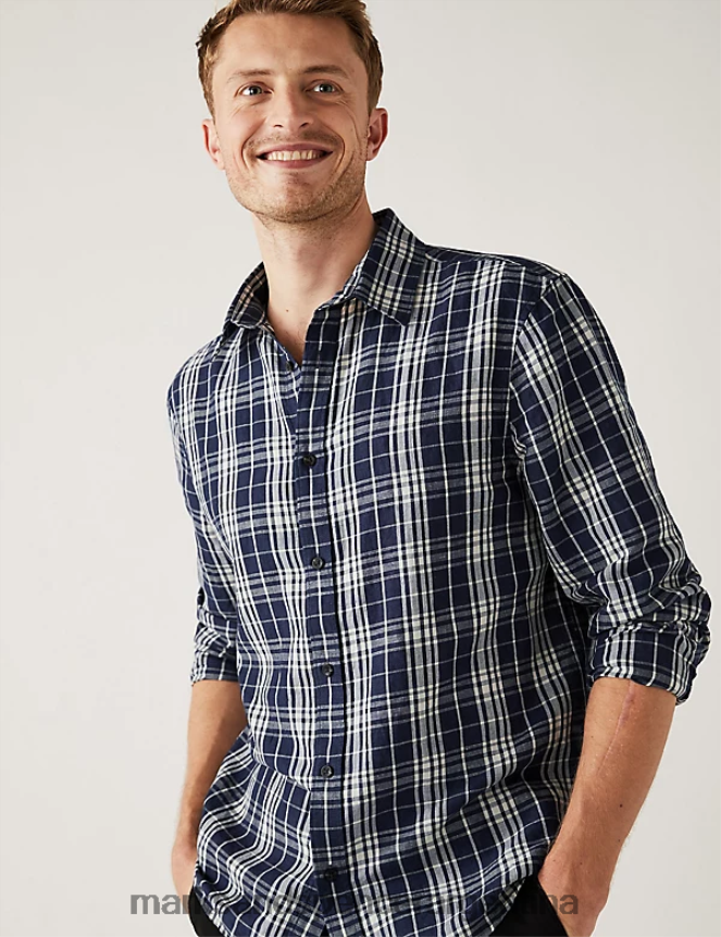 Marks & Spencer hombres camisa a cuadros en mezcla de lino ropa mezcla azul 46VL5704