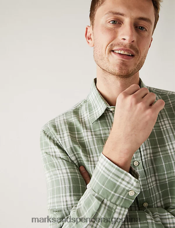 Marks & Spencer hombres camisa a cuadros en mezcla de lino ropa mezcla verde 46VL5320