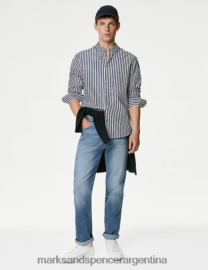 Marks & Spencer hombres camisa a rayas de puro algodón ropa azul marino oscuro 46VL6864