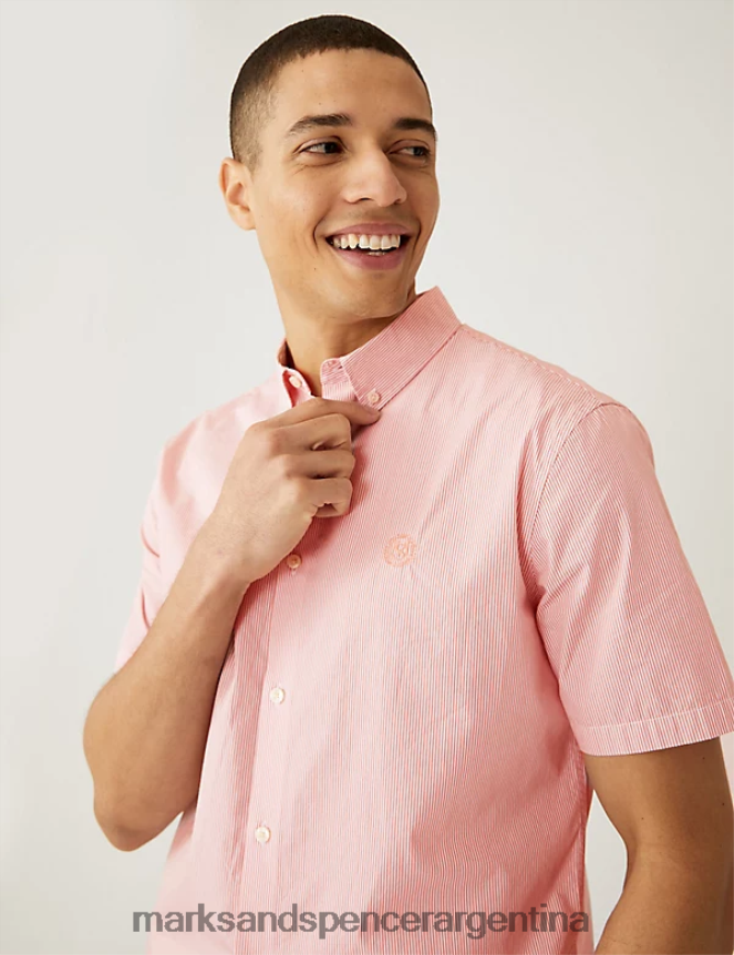 Marks & Spencer hombres camisa a rayas de puro algodón ropa cobre 46VL5620