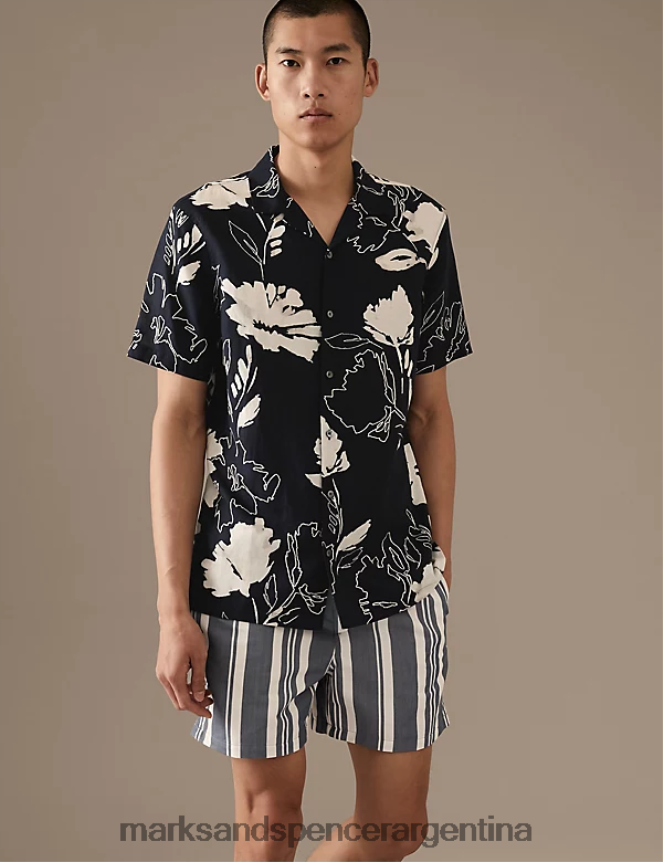 Marks & Spencer hombres camisa con cuello cubano y flores ricas en lino ropa mezcla azul marino 46VL6830